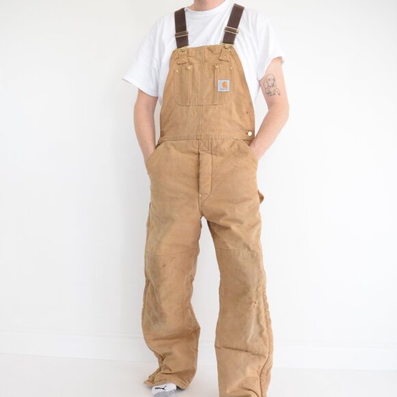 Vintage 80's Carhartt Tan SKU R03 BRN Lined Canvas Dungaree Overalls Size 34x32 - Picture 1 of 16